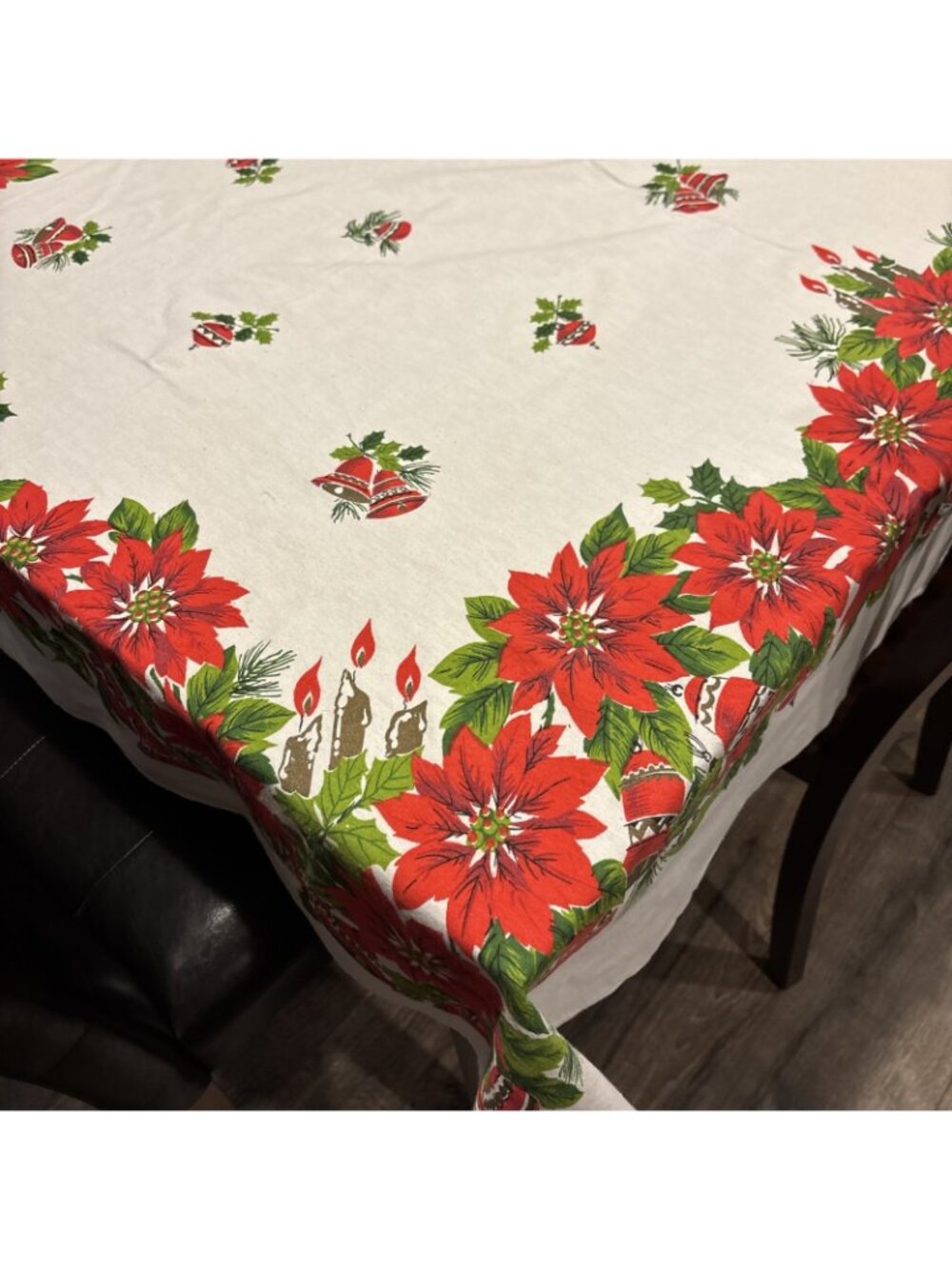 Vintage Christmas Poinsettia Ornament Bells Linen Tablecloth Rectangle 65” x 54" - Picture 2 of 6
